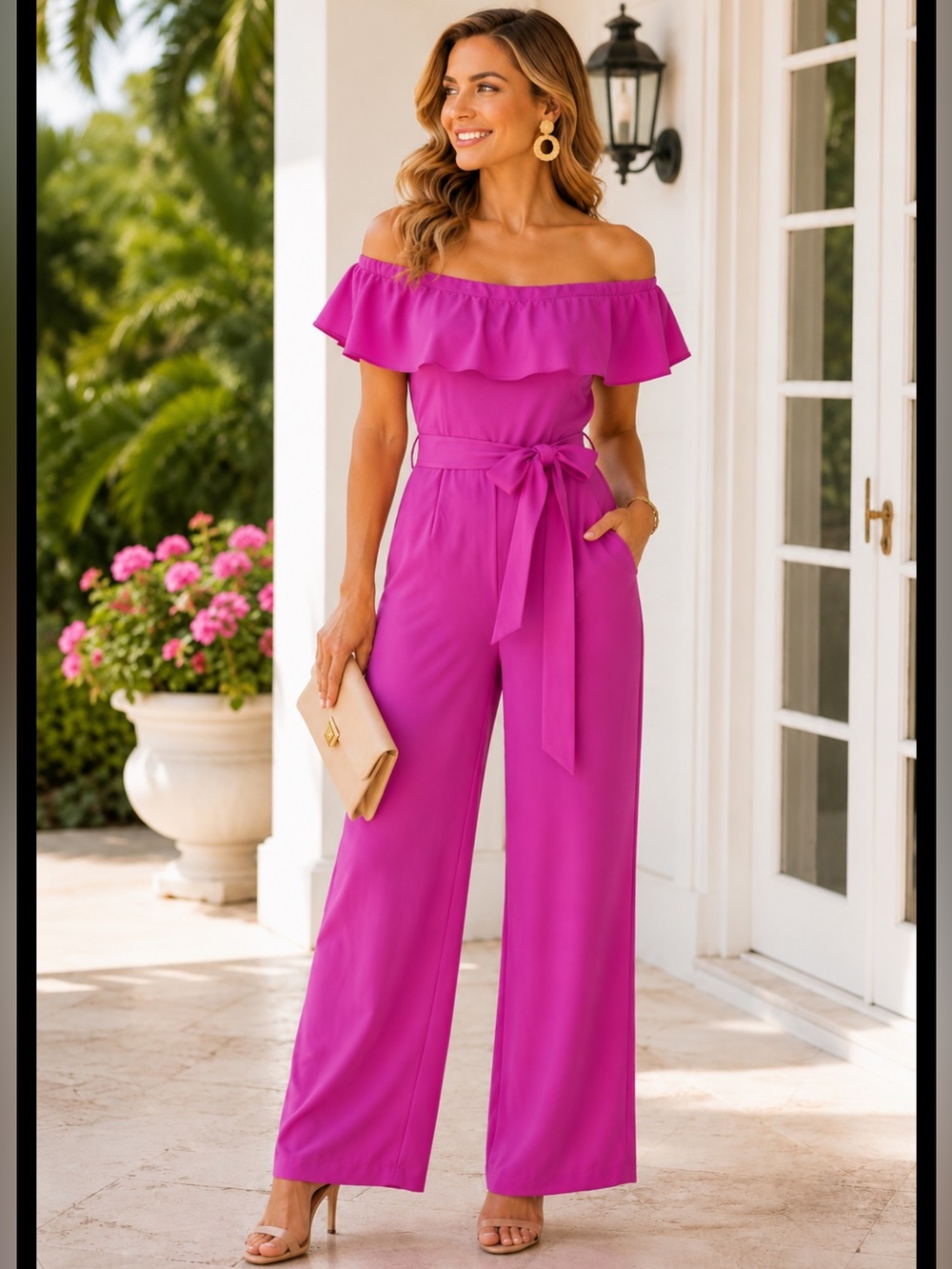 Lilly Pulitzer Jood Off-The-Shoulder Jumpsuit in  Wild Fuchsia size 4 preppy‎